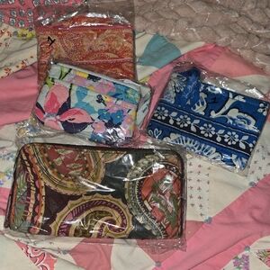 Vera Bradley Quilted Wallet & Coin Pouch Set — Blue, Pink, Brown, Orange